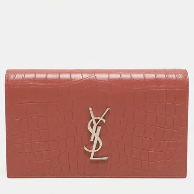 Pre-owned Saint Laurent Nude Rose Croc Embossed Leather Monogram Clutch In Pink