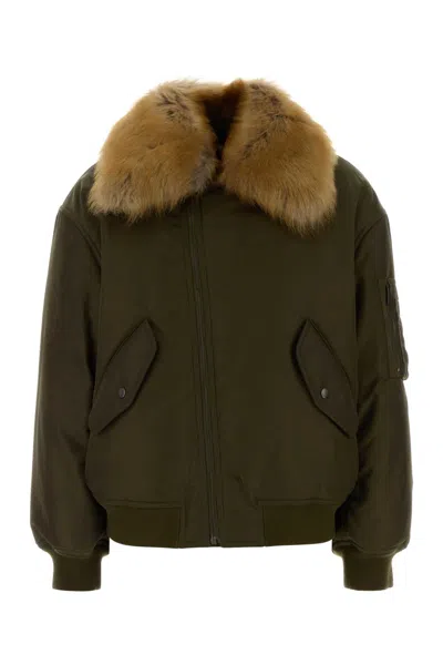 Saint Laurent Removable Shearling Neck Bomber Jacket In Green