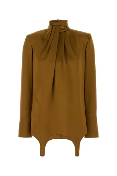 Saint Laurent Ochre Satin Blouse In Brown