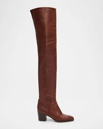 Saint Laurent Odeon Leather Over-the-knee Boots In Brown
