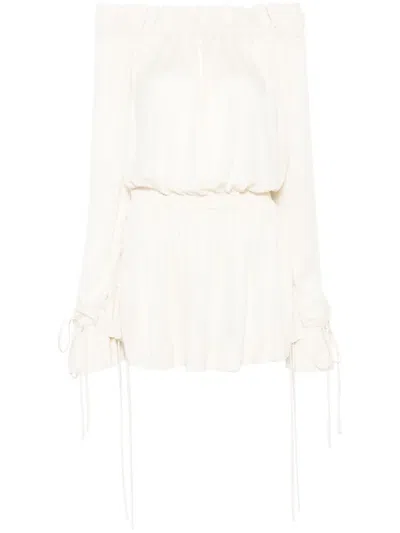 Saint Laurent Off-shoulder Mini Dress In Neutrals