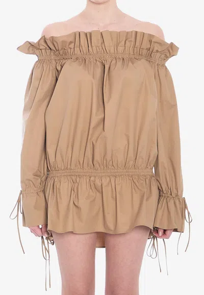 SAINT LAURENT OFF-SHOULDER RUCHED MINI DRESS
