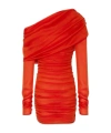 Saint Laurent Brick One-shoulder Mini-dress With All-over Ruching In Silk Muslin Woman In Red