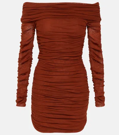 Saint Laurent Off-shoulder Ruched Tulle Minidress In Rouge Fonce