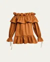 Saint Laurent Brown Ruffle Dress With Bare Shoulders In Cotton Twill Woman In Caramel