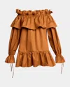 Saint Laurent Brown Ruffle Dress With Bare Shoulders In Cotton Twill Woman In Caramel