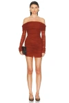 Saint Laurent Off-shoulder Ruched Tulle Minidress In Rouge Fonce