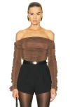 Saint Laurent Ruched Off-shoulder Bodysuit In Terre