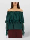 Saint Laurent Off The Shoulder Long Sleeve Top In Blue