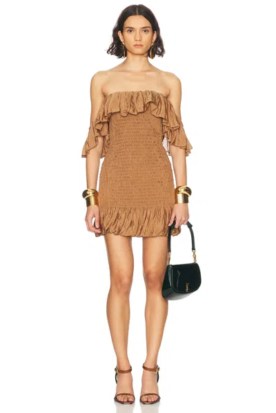 Saint Laurent Off The Shoulder Mini Dress In Caramel