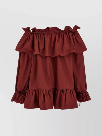 Saint Laurent Off-the-shoulder Mini Dress Ruffled Detailing In Bordeaux