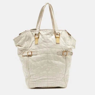 Pre-owned Saint Laurent Off White Croc Embossed Patent Leather Large Downtown Tote