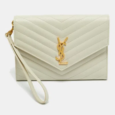 Pre-owned Saint Laurent Off White Matelasse Leather Cassandre Wristlet Clutch