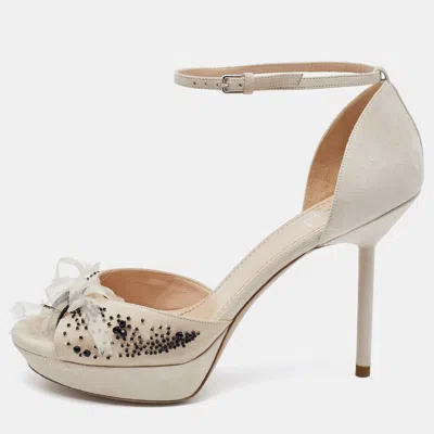 Pre-owned Saint Laurent Off White Suede And Fabric Ankle Strap Platform Sandals Size 40