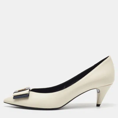 Pre-owned Saint Laurent Off White/navy Blue Leather Anais Ysl Bow Pumps Size 35.5