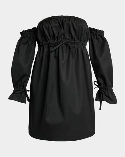 Saint Laurent Off-shoulder Drawstring Cotton Poplin Mini Dress In Black