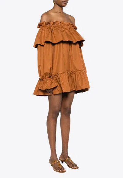 Saint Laurent Off-shoulder Ruffled Mini Dress In Brown