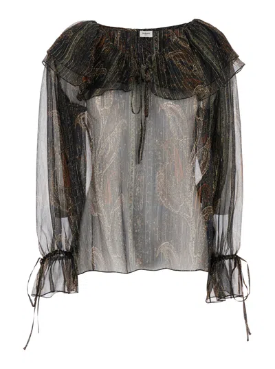 Saint Laurent Off-shoulder Silk With Poet Sleeves Blouse In Brown