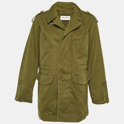 Pre-owned Saint Laurent Olive Green Cotton & Linen Zip Front Oversized Long Jacket S