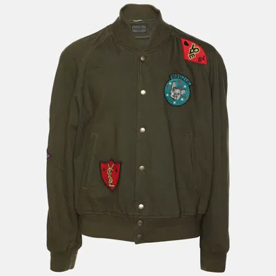 Pre-owned Saint Laurent Olive Green Cotton Souvenir Patch Teddy Jacket Xxl