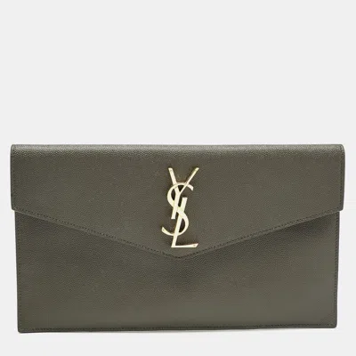 Pre-owned Saint Laurent Olive Green Leather Uptown Clutch