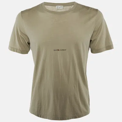 Pre-owned Saint Laurent Olive Green Logo Printed Cotton Crew Neck T-shirt S