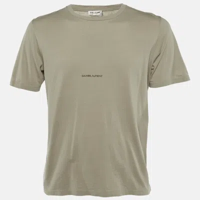 Pre-owned Saint Laurent Olive Green Logo Printed Cotton Crew Neck T-shirt S