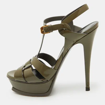 Pre-owned Saint Laurent Olive Green Patent Leather Tribute Platform Sandals Size 38