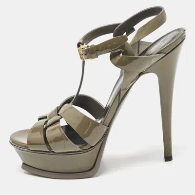 Pre-owned Saint Laurent Olive Green Patent Leather Tribute Platform Sandals Size 38