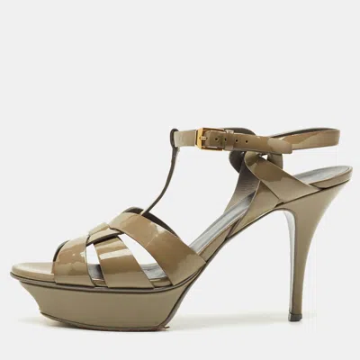 Pre-owned Saint Laurent Olive Green Patent Leather Tribute Platform Sandals Size 39.5