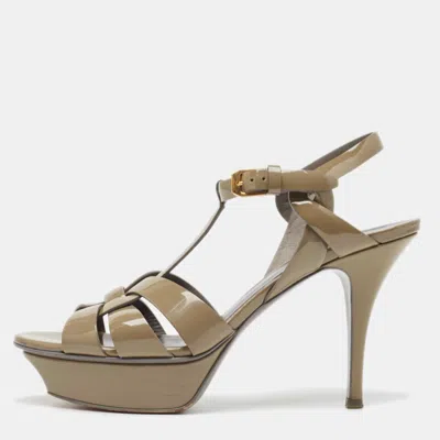 Pre-owned Saint Laurent Olive Green Patent Leather Tribute Sandals Size 37.5
