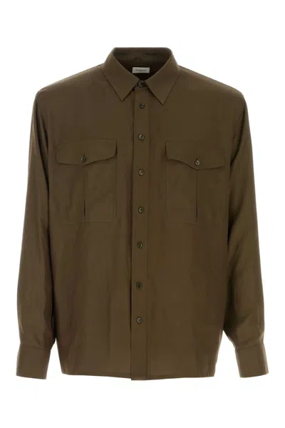 Saint Laurent Olive Green Silk Shirt In Brown