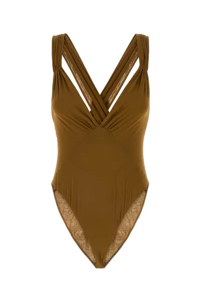 SAINT LAURENT OLIVE GREEN STRETCH SILK BODYSUIT
