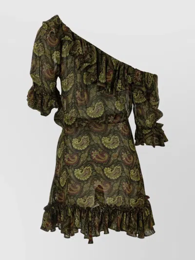 Saint Laurent One Shoulder Paisley Ruffle Dress In Red