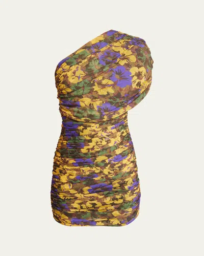 SAINT LAURENT ONE-SHOULDER RUCHED FLORAL-PRINT MINI DRESS