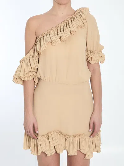 Saint Laurent Off-the-shoulder Ruffled Silk-crepon Mini Dress In Beige