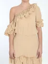 Saint Laurent Beige One-shoulder Dress With Asymmetric Neckline And Poet Sleeves In Silk Woman In Nude