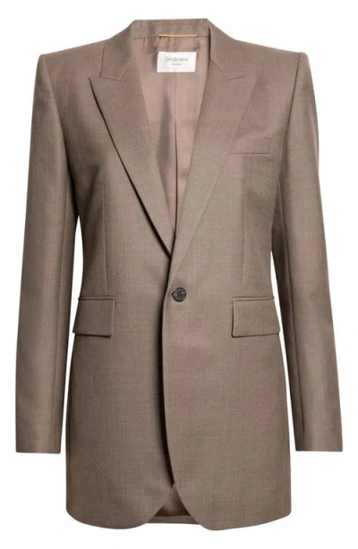 Saint Laurent One-button Longline Wool Twill Blazer In Brown