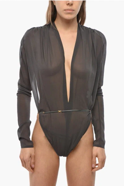 Saint Laurent Open Back Silk Sheer Body In Gray