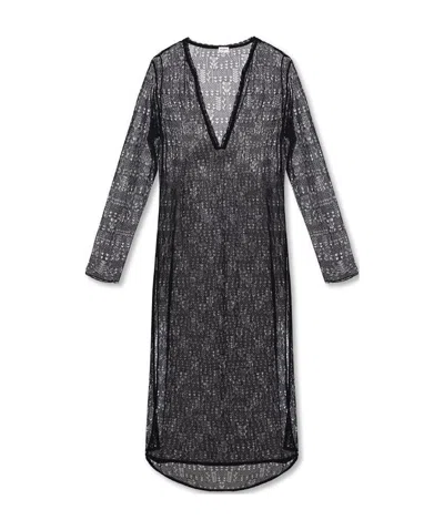 Saint Laurent Open-knit Long-sleeved Tunic Dress In Black