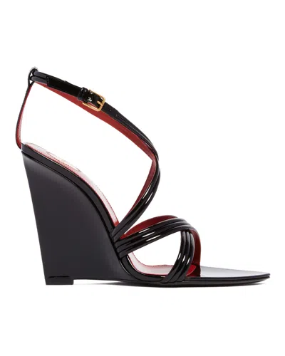 Saint Laurent Rossi Leather Crisscross Wedge Sandals In Black
