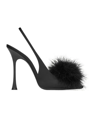SAINT LAURENT PARADIS SANDALS IN SATIN AND FEATHERS
