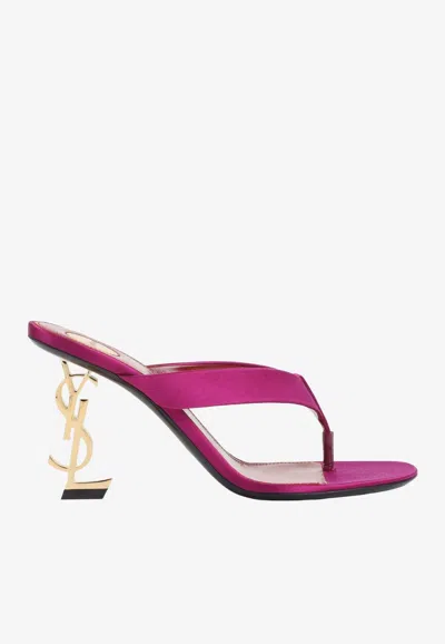 Saint Laurent Opyum 85 Sculptural Logo-heel Satin Sandals In Pink