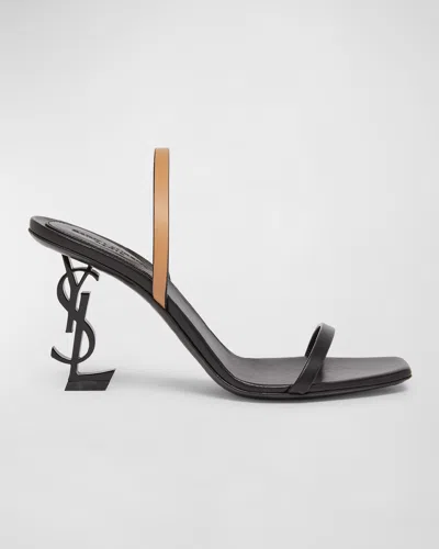 SAINT LAURENT OPYUM BICOLOR YSL-HEEL SLIDE SANDALS