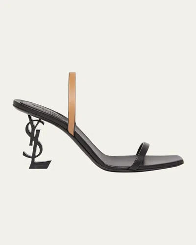 Saint Laurent Opyum Bicolor Ysl-heel Slide Sandals In Noir/brown