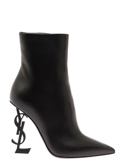 Saint Laurent Opyum Black Boots With Cassandre Heel In Leather Woman