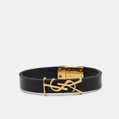 Pre-owned Saint Laurent Opyum Black Leather Gold Tone Bracelet