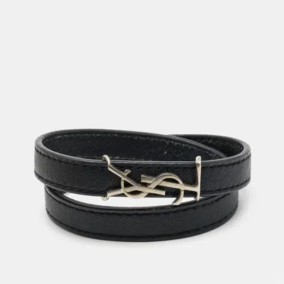 Pre-owned Saint Laurent Opyum Black Leather Silver Tone Wrap Bracelet