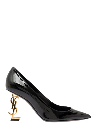 SAINT LAURENT OPYUM BLACK PUMPS WITH MID LOGO HEEL IN PATENT LEATHER WOMAN