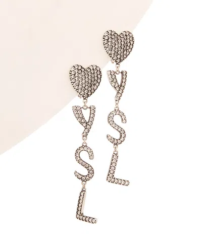 Saint Laurent Heart Ysl Clip Earrings In Argent Oxyde/crystal